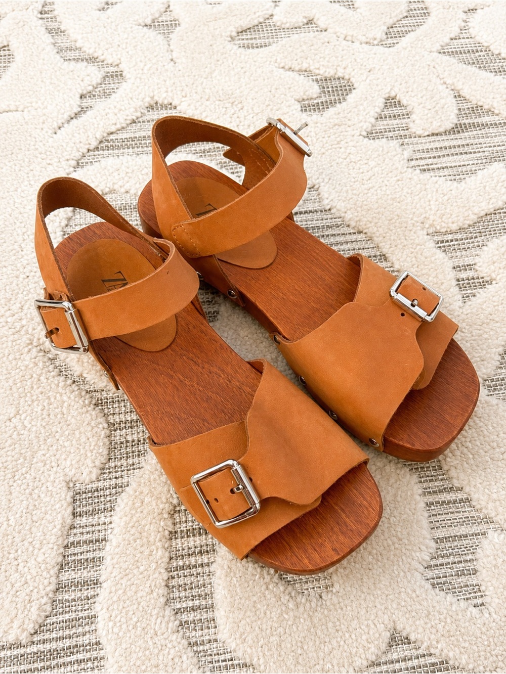 ZARA Girls Cognac Buckle Wood Platform Sandals EU 34